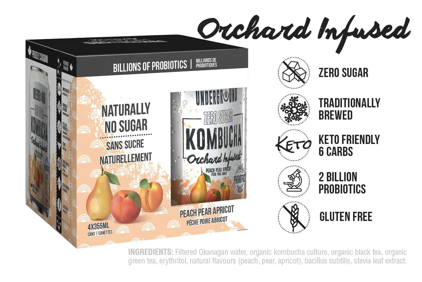 Underground Kombucha Zero Sugar Orchard Infused 355ml 4pk